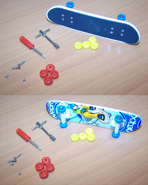 miniatuur skateboard met reserveonderdelen en gereedschap
